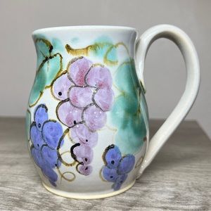 Studio Pottery Signed Judy Goodwin Coffee Mug Grape Vines Oversize Handle 4.5”